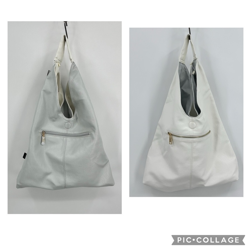 Isabelle NWT Reversible Hobo Shoulder Bag Vegan Faux Leather Light Blue/White
